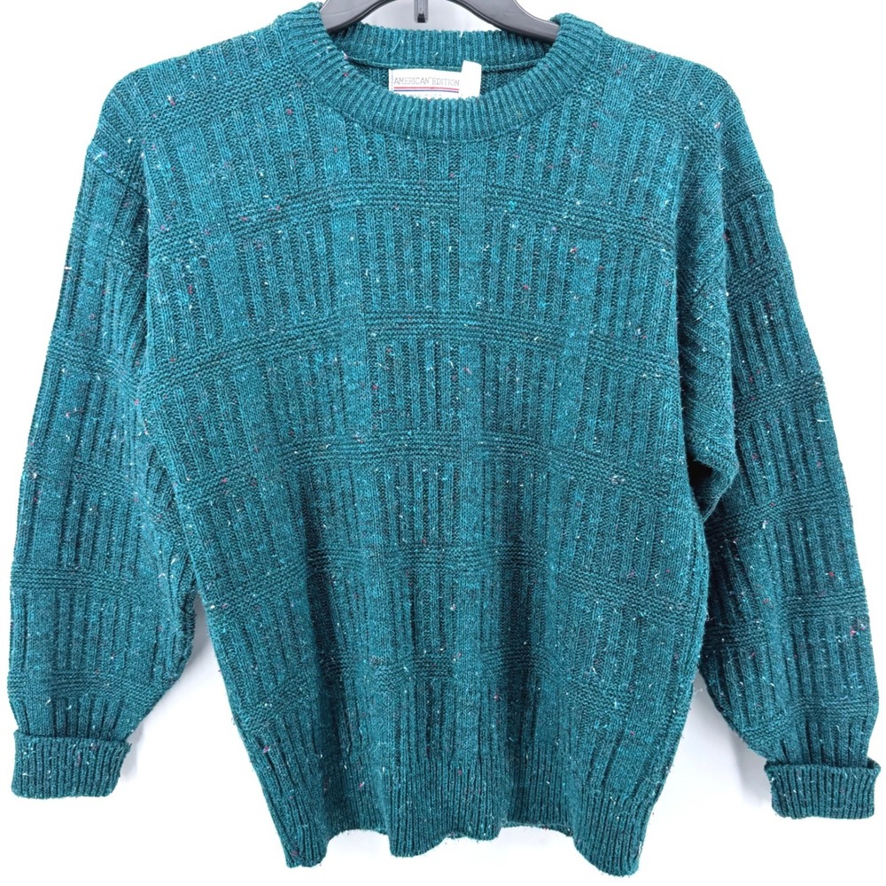 Vintage American Edition Sweater Mens L Teal Flecked Knit Crewneck Made USA 90s